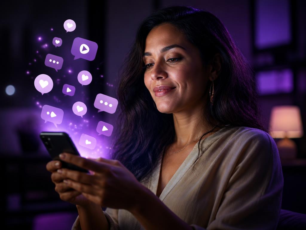 Mulher segurando celular com notificações e ícones de redes sociais saindo da tela